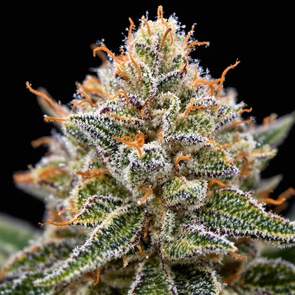 Gros plan de fleur de cannabis Candyland montrant structure équilibrée avec trichomes givrés