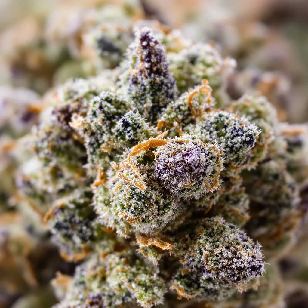 Gros plan de fleur de cannabis Candyland Peyote montrant structure équilibrée avec trichomes givrés