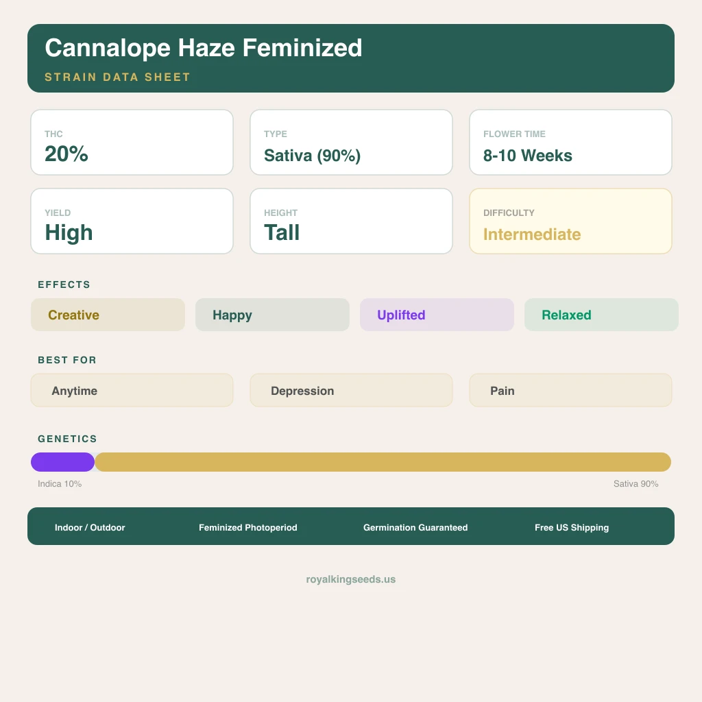 Cannalope Haze 10% indica / 90% sativa — fleur avec trichomes visibles