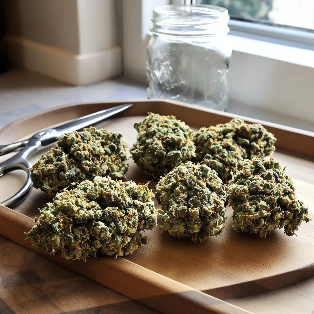 Cannalope Kush 25% indica / 65% sativa — fleur avec trichomes visibles