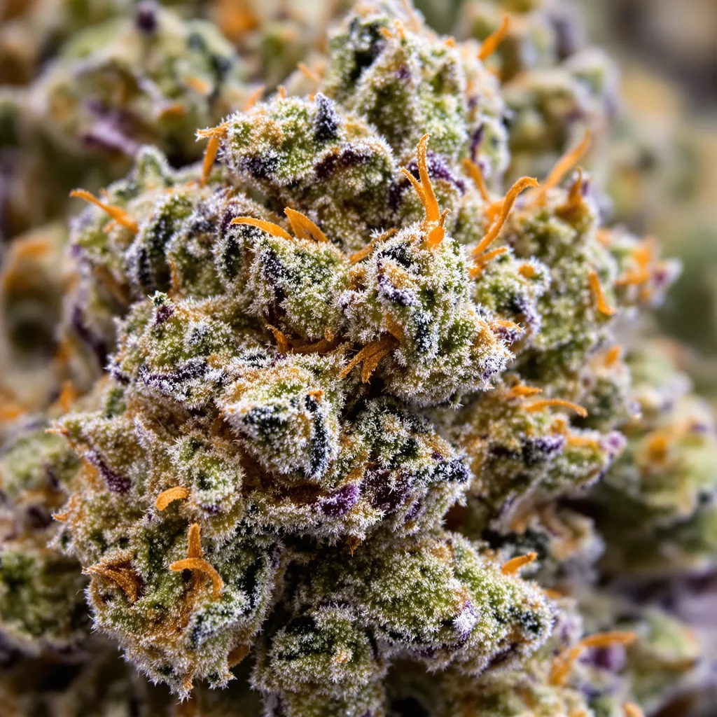 Gros plan de fleur de cannabis Cannalope Kush montrant structure ouverte avec pistils orangés