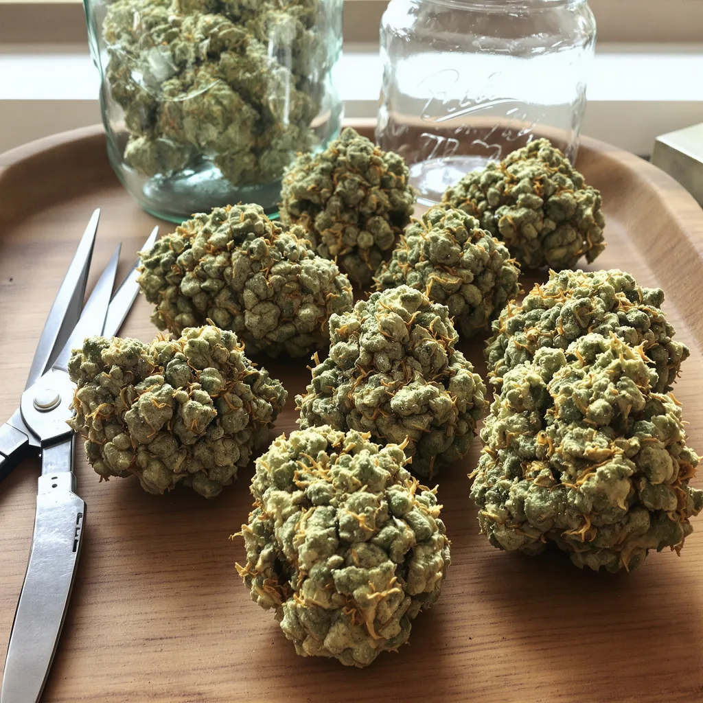 Cannatonic CBD 48% indica / 52% sativa — fleur avec trichomes visibles