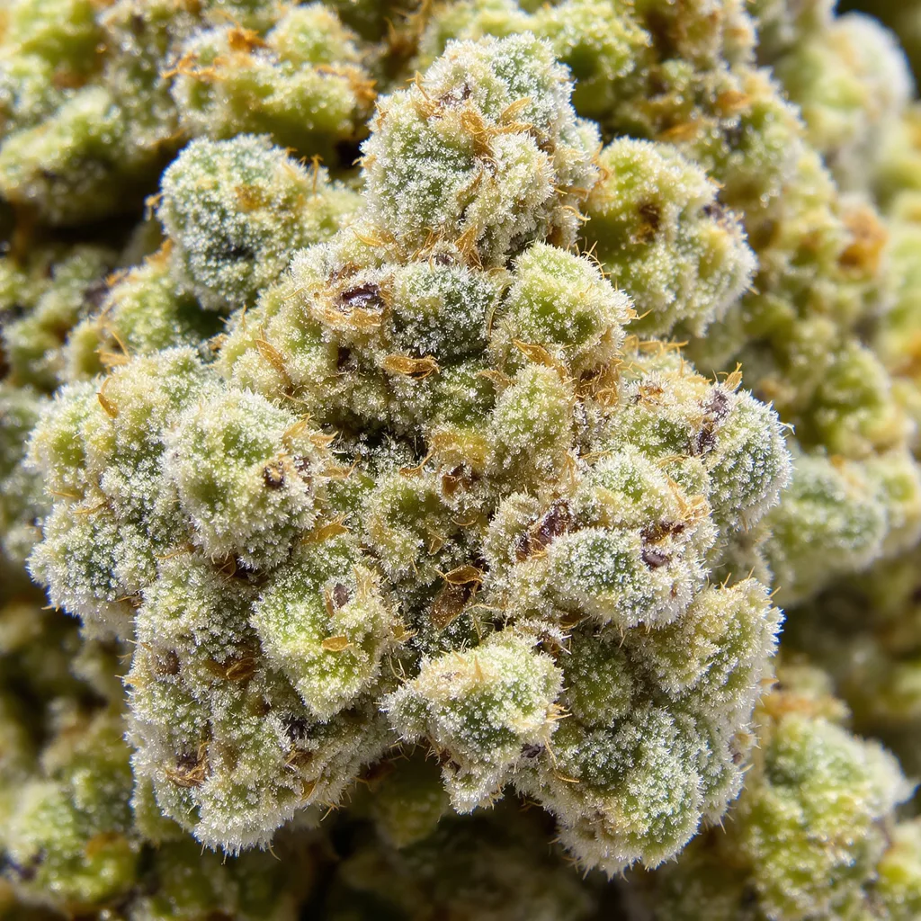 Gros plan de fleur de cannabis Cannatonic CBD montrant fleur claire à faible résine