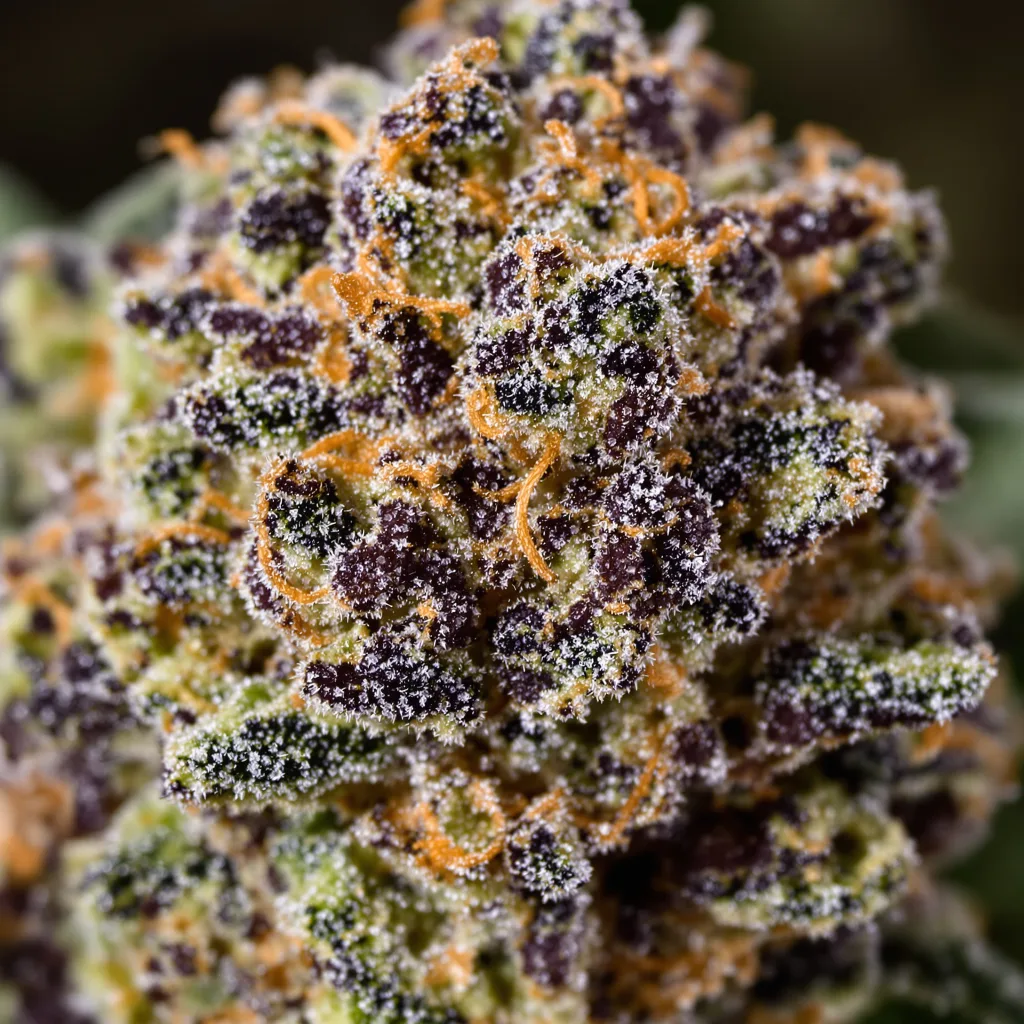 Gros plan de fleur de cannabis Capers montrant calices denses aux reflets violets