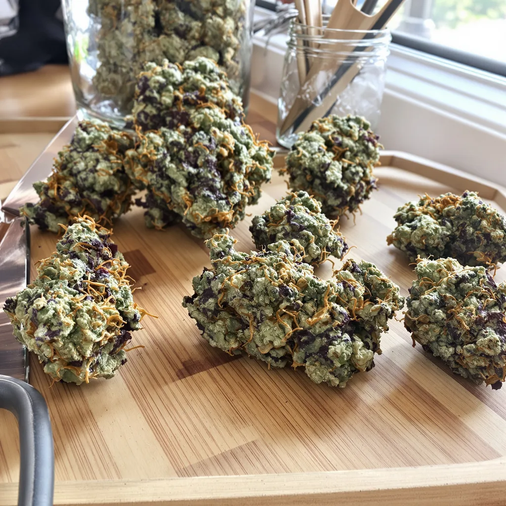 Cascadia Kush 74% indica / 26% sativa — fleur avec trichomes visibles