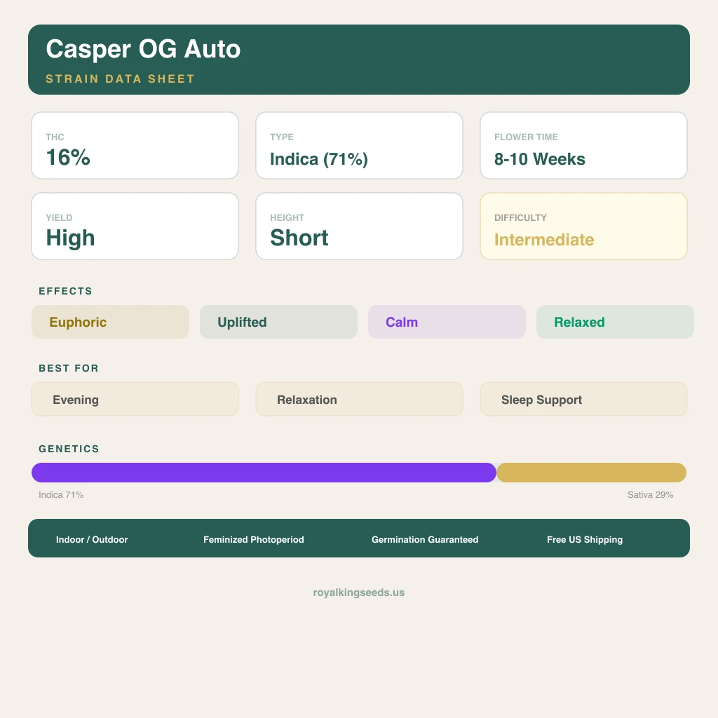 Casper OG 71% indica / 29% sativa — fleur avec trichomes visibles