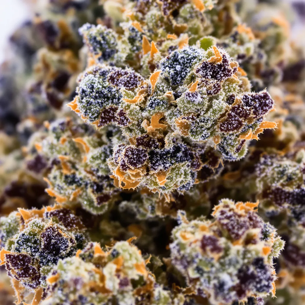 Gros plan de fleur de cannabis Casper OG montrant calices denses aux reflets violets