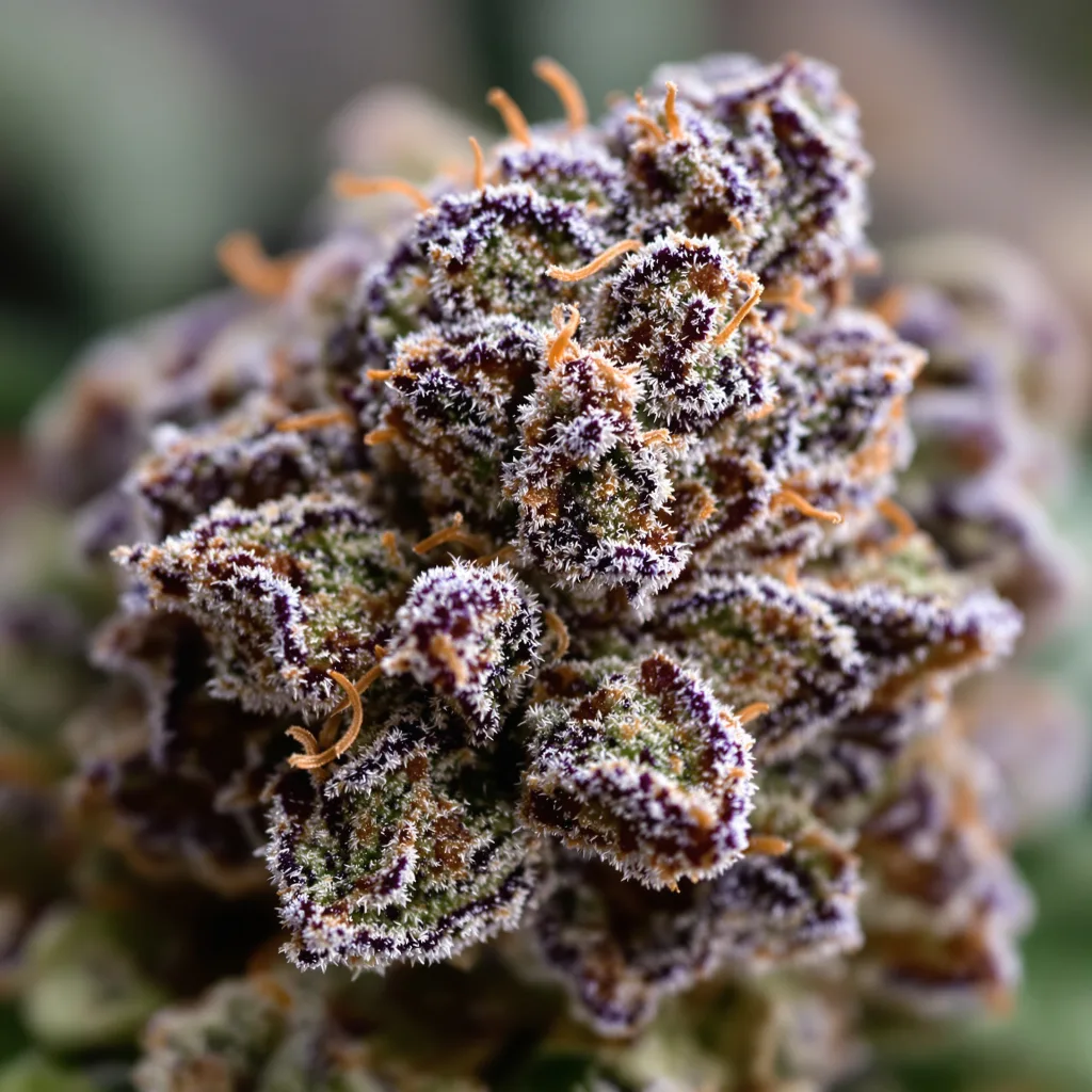 Gros plan de fleur de cannabis Casper OG montrant calices denses aux reflets violets