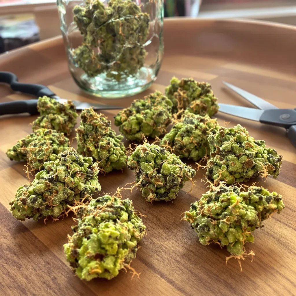 Cat Piss 25% indica / 75% sativa — fleur avec trichomes visibles