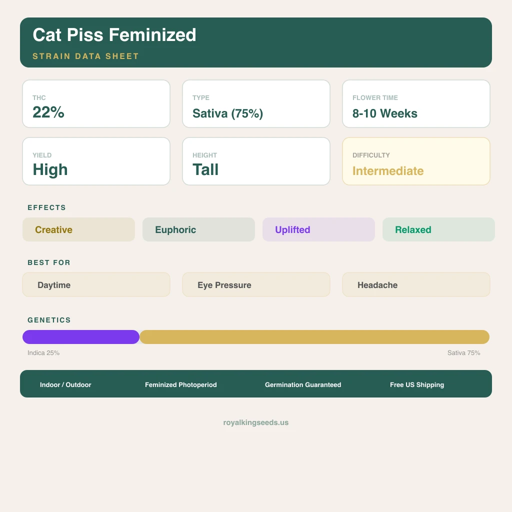 Cat Piss 25% indica / 75% sativa — fleur avec trichomes visibles