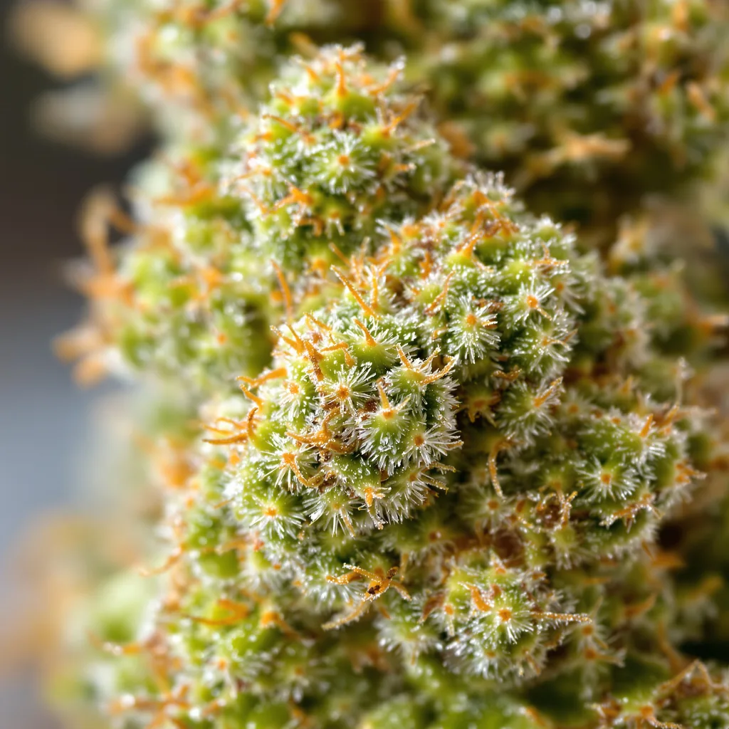 Gros plan de fleur de cannabis Cat Piss montrant structure aérée vert lime