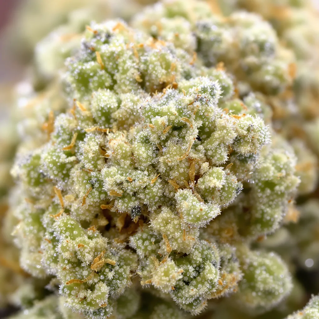 Gros plan de fleur de cannabis CBD 3D montrant fleur claire à faible résine