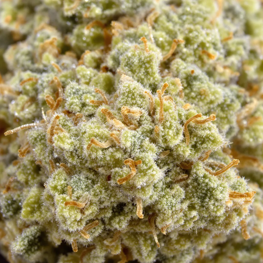 Gros plan de fleur de cannabis CBD ACDC montrant fleur claire à faible résine
