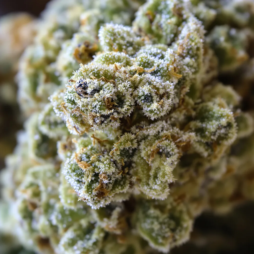 Gros plan de fleur de cannabis CBD Blue Shark montrant fleur claire à faible résine