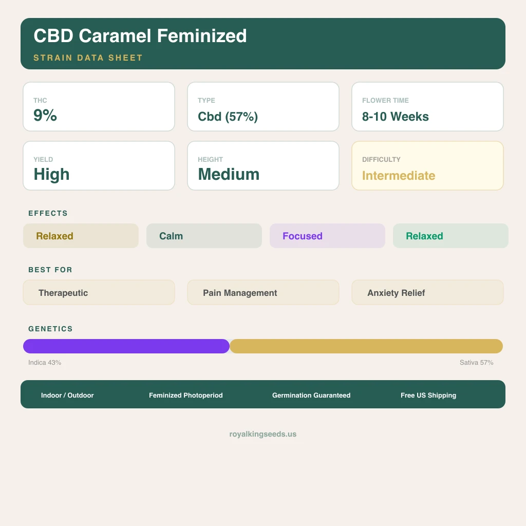 CBD Caramel 43% indica / 57% sativa — fleur avec trichomes visibles