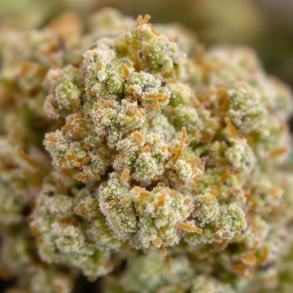 Gros plan de fleur de cannabis CBD Caramel montrant fleur claire à faible résine