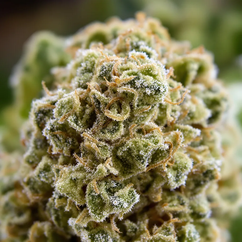 Gros plan de fleur de cannabis CBD Critical Mango montrant fleur claire à faible résine