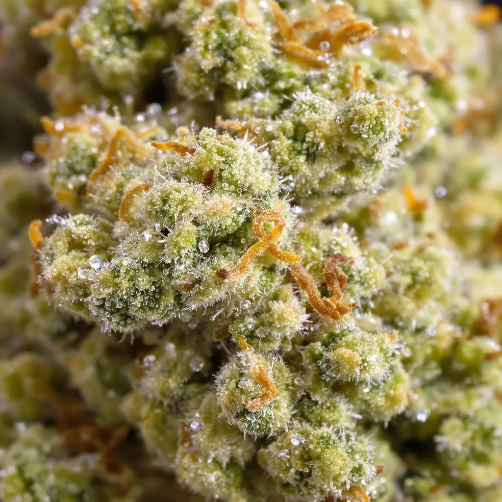 Gros plan de fleur de cannabis CBD Critical Mass montrant fleur claire à faible résine