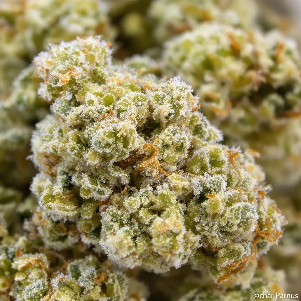 Gros plan de fleur de cannabis CBD Fast Eddy montrant fleur claire à faible résine