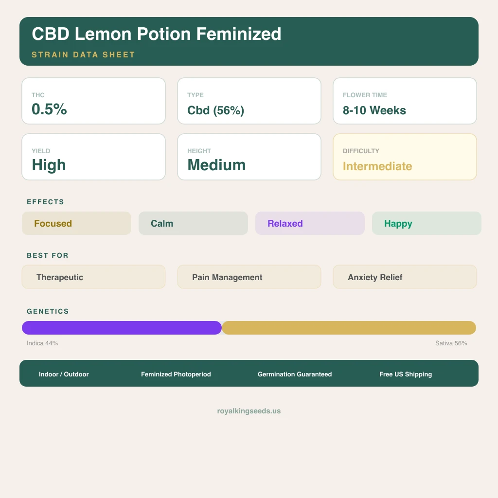 CBD Lemon Potion 44% indica / 56% sativa — fleur avec trichomes visibles