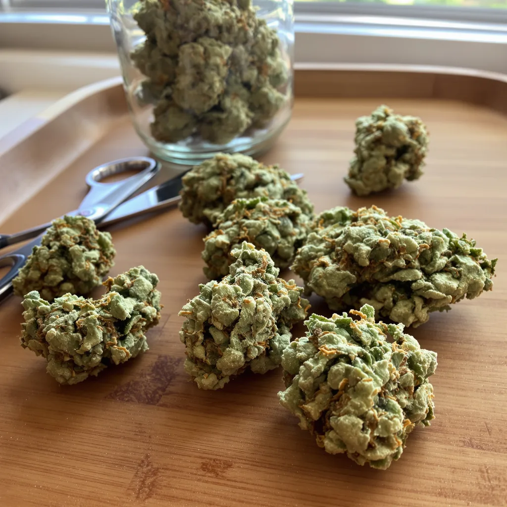 CBD Mango Haze 46% indica / 54% sativa — fleur avec trichomes visibles