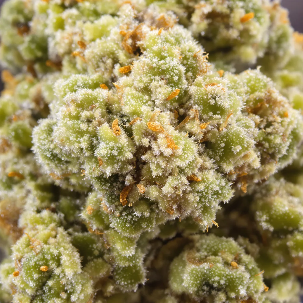 Gros plan de fleur de cannabis CBD Mango Haze montrant fleur claire à faible résine