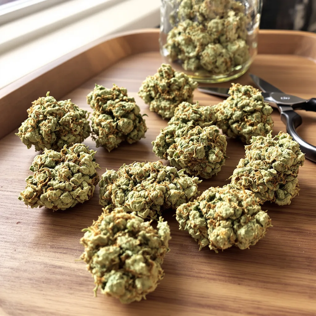 CBD OG Kush 43% indica / 57% sativa — fleur avec trichomes visibles