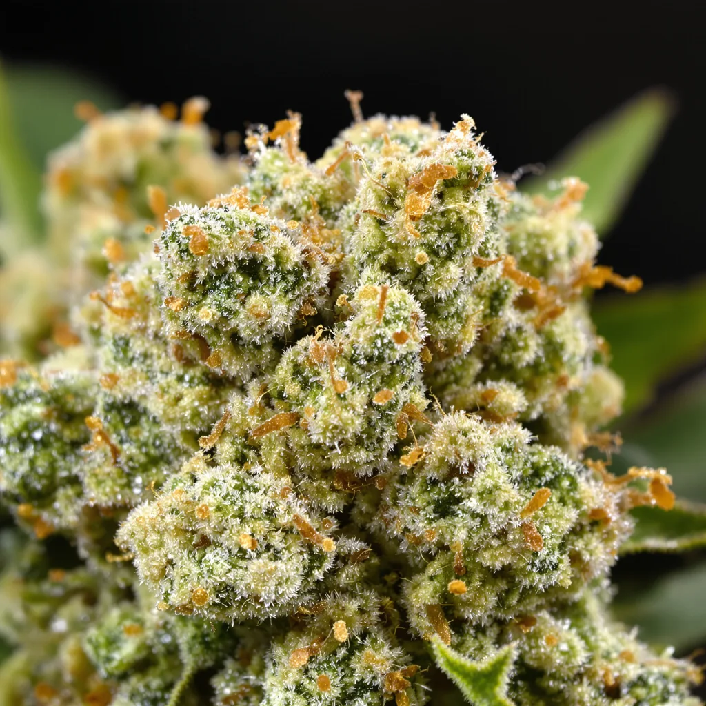Gros plan de fleur de cannabis CBD OG Kush montrant fleur claire à faible résine