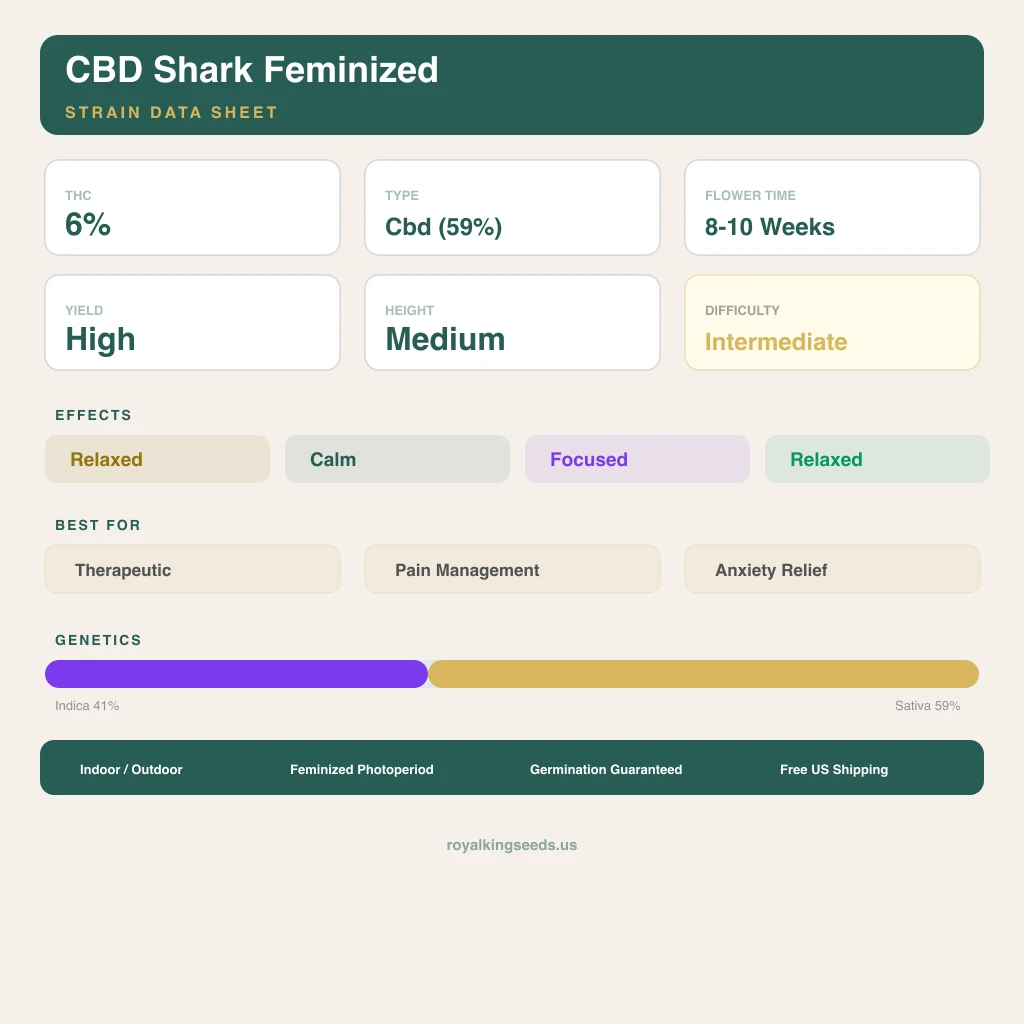 CBD Shark 41% indica / 59% sativa — fleur avec trichomes visibles