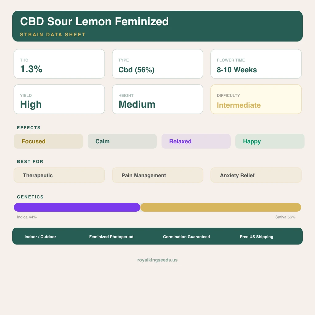 CBD Sour Lemon 44% indica / 56% sativa — fleur avec trichomes visibles