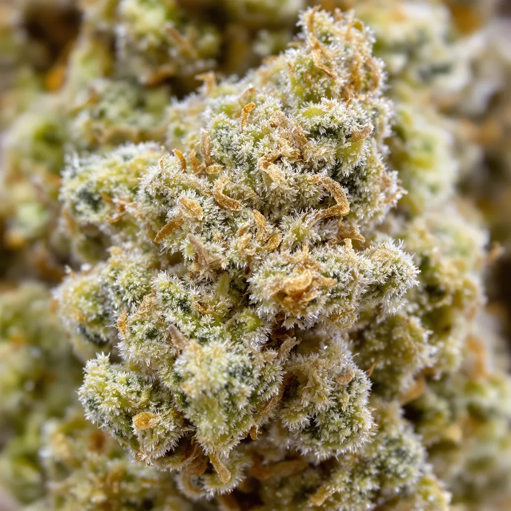Gros plan de fleur de cannabis CBD Sour Lemon montrant fleur claire à faible résine