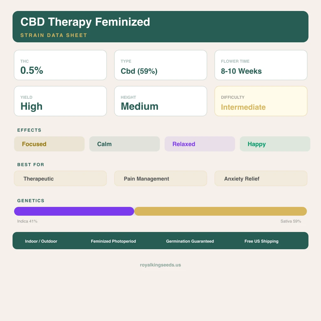 CBD Therapy 41% indica / 59% sativa — fleur avec trichomes visibles