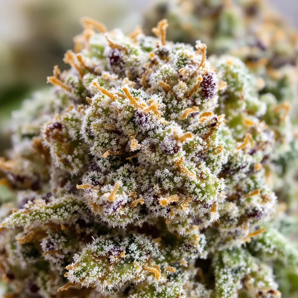 Gros plan de fleur de cannabis Cereal Milk montrant structure équilibrée avec trichomes givrés