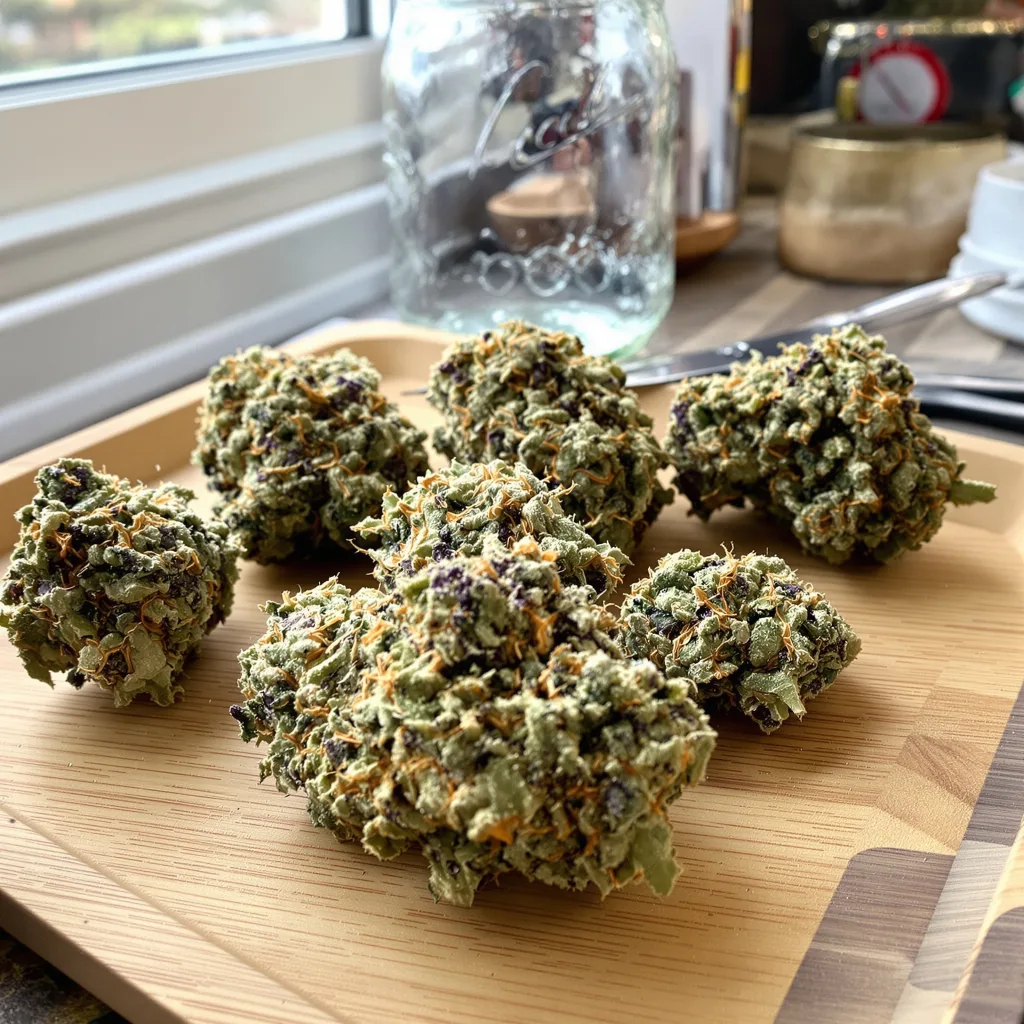 Champagne Kush 50% indica / 50% sativa — fleur avec trichomes visibles
