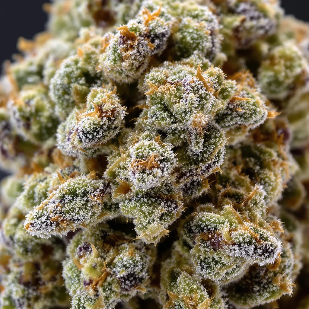 Gros plan de fleur de cannabis Champagne Kush montrant structure équilibrée avec trichomes givrés