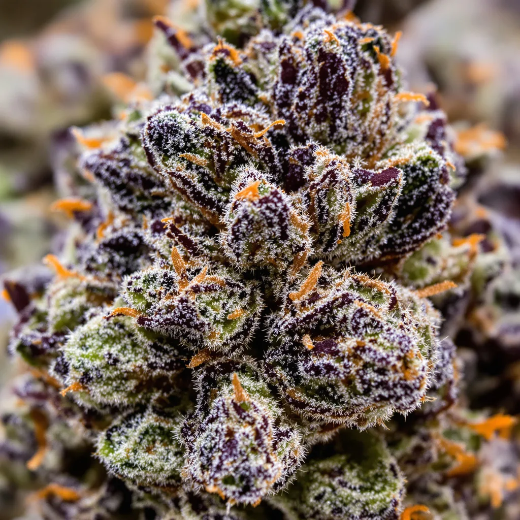 Gros plan de fleur de cannabis Cheese Quake montrant calices denses aux reflets violets