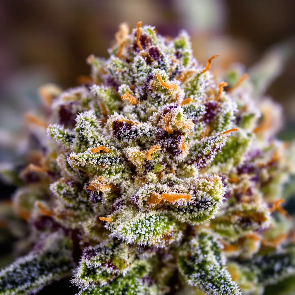 Gros plan de fleur de cannabis Cheeseburger montrant structure ouverte avec pistils orangés