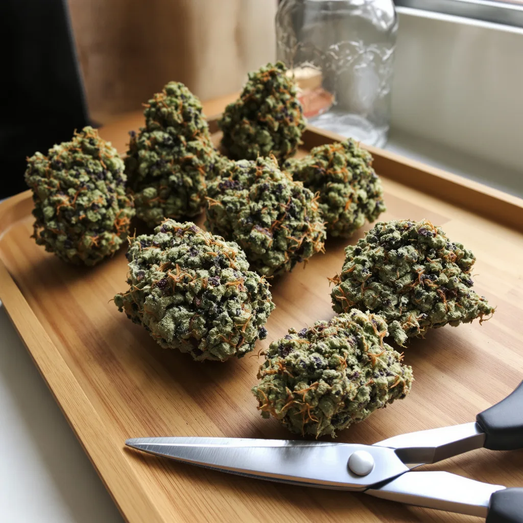 Cheeseburger 38% indica / 62% sativa — fleur avec trichomes visibles