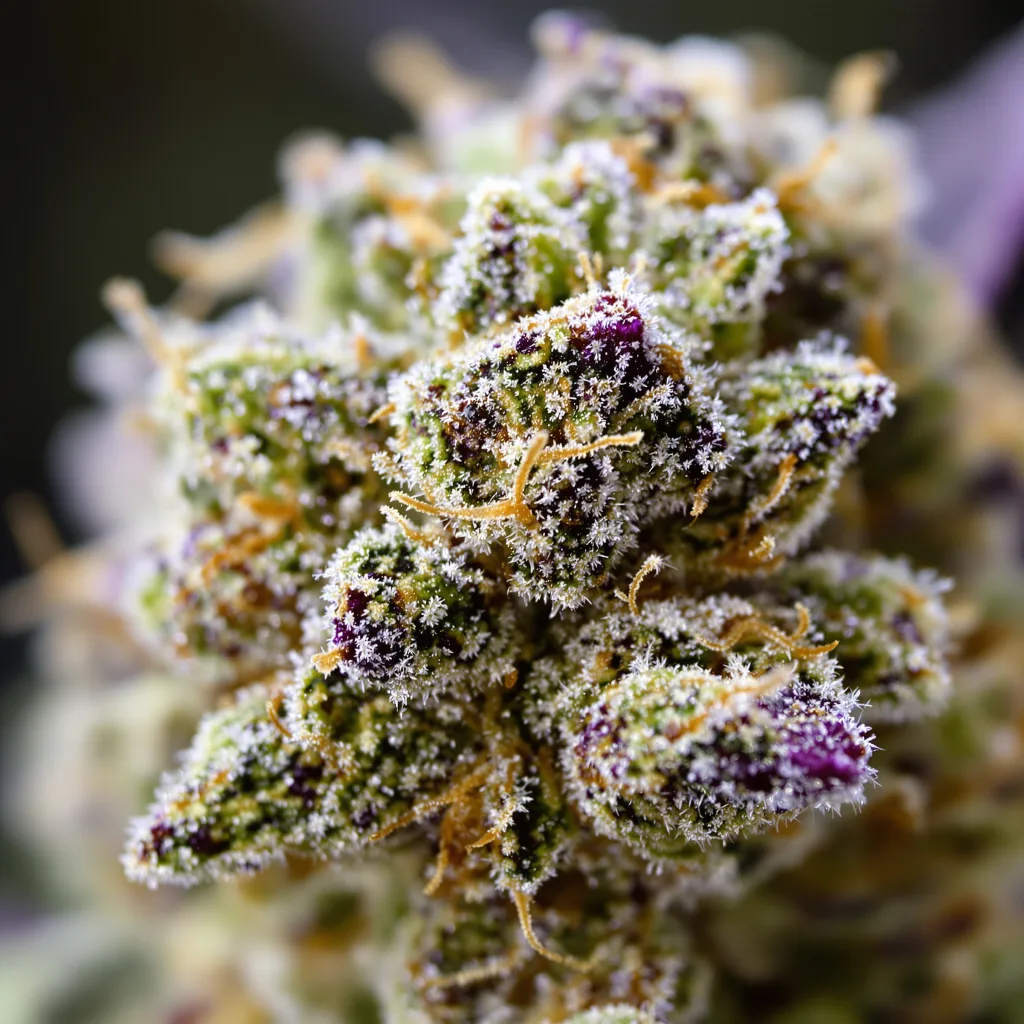 Gros plan de fleur de cannabis Cheetah Piss montrant structure équilibrée avec trichomes givrés
