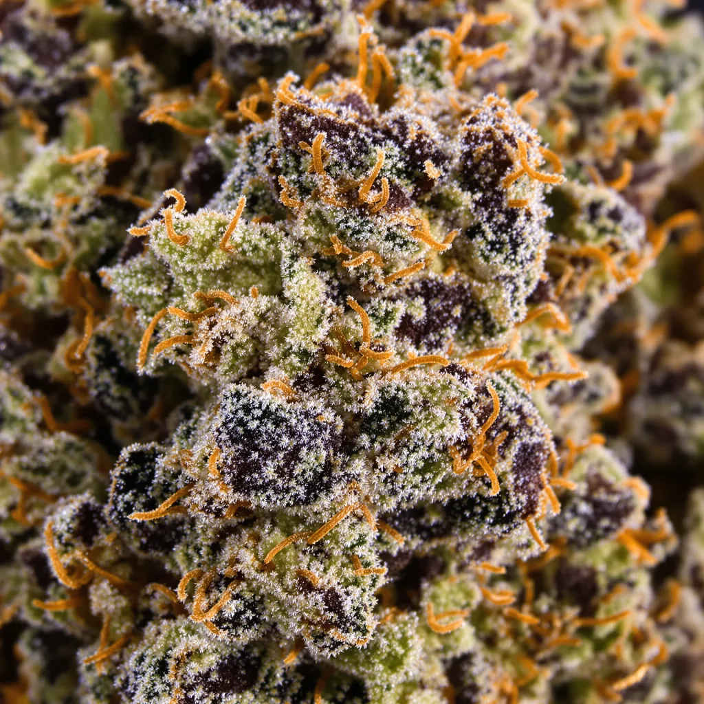 Gros plan de fleur de cannabis Chem Scout montrant calices denses aux reflets violets