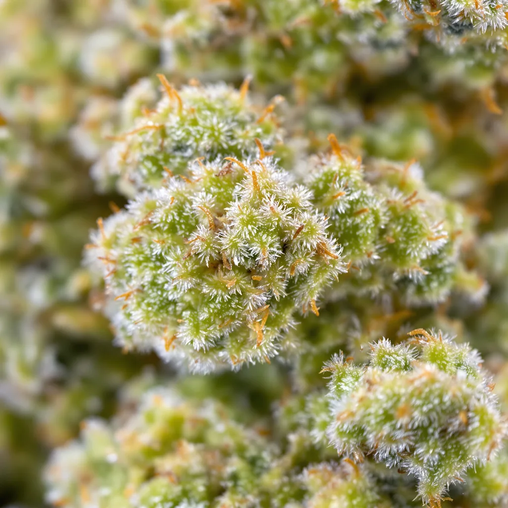 Gros plan de fleur de cannabis Chem Valley Kush montrant structure aérée vert lime