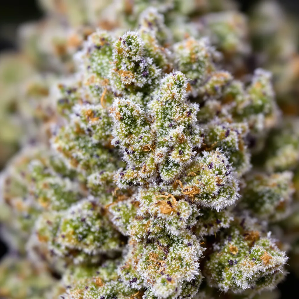 Gros plan de fleur de cannabis Chemdawg 91 montrant structure ouverte avec pistils orangés