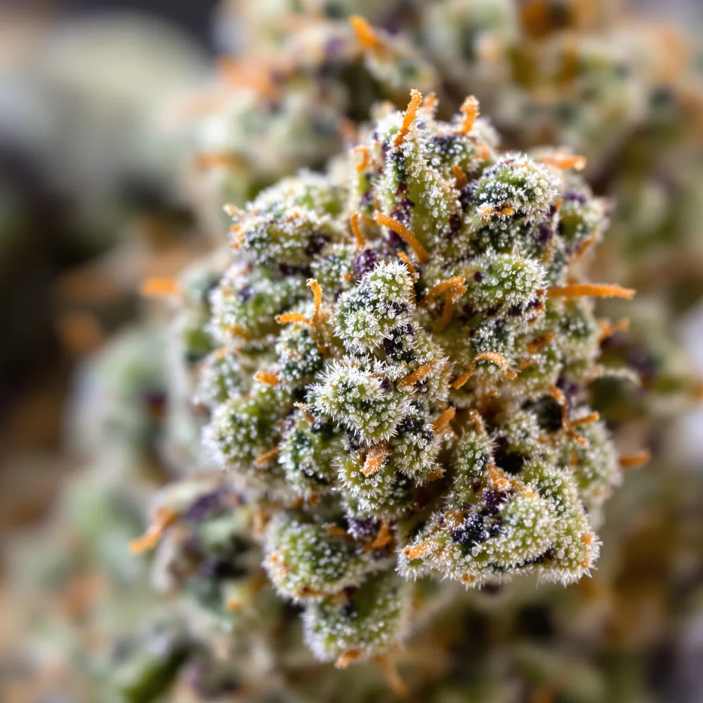 Gros plan de fleur de cannabis Chemdawg Sour Diesel montrant structure ouverte avec pistils orangés
