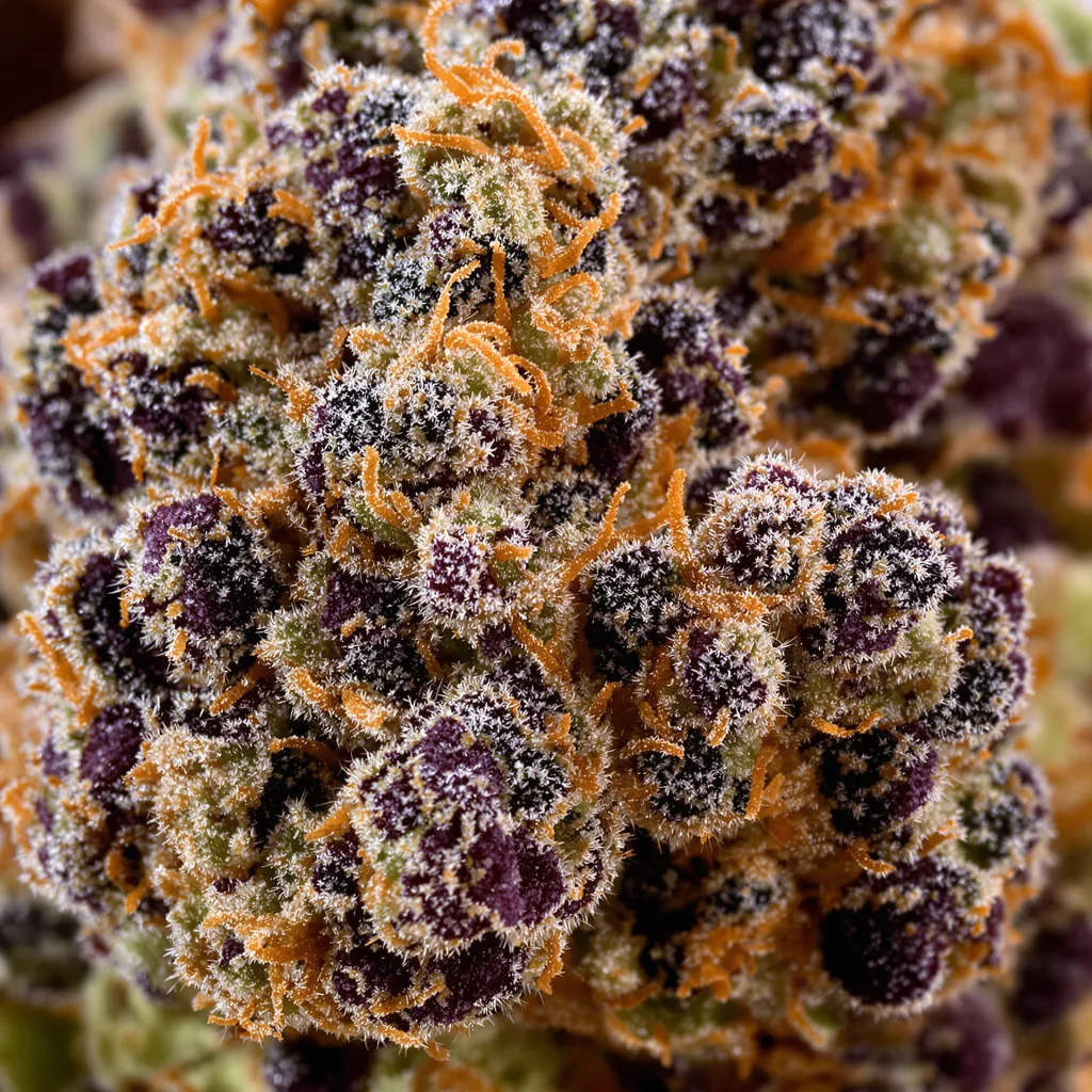 Gros plan de fleur de cannabis Chemdog #4 montrant calices denses aux reflets violets