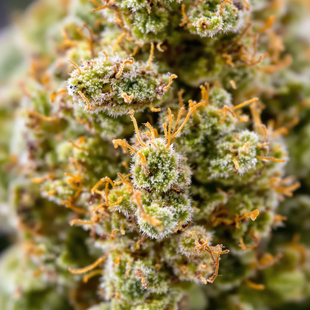 Gros plan de fleur de cannabis Chernobyl montrant structure aérée vert lime