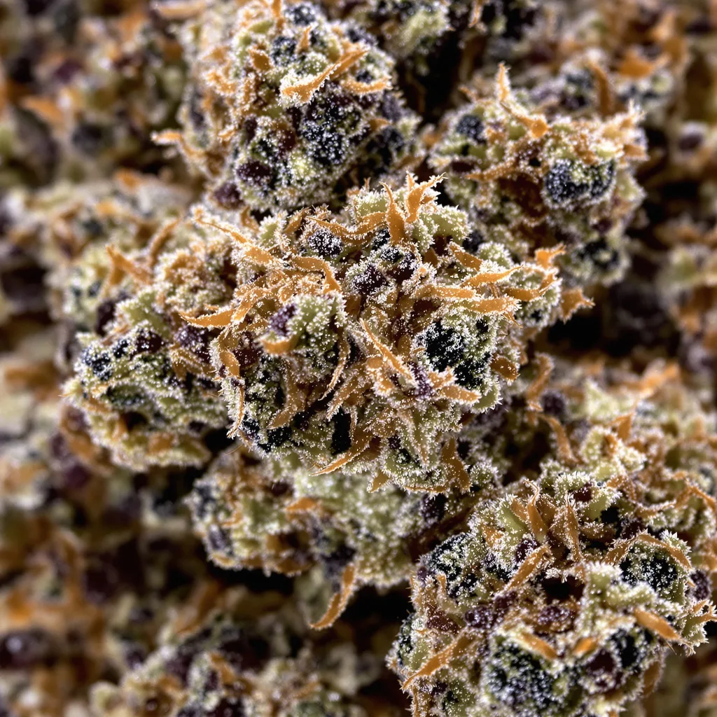 Gros plan de fleur de cannabis Cherries Jubilee montrant calices denses aux reflets violets