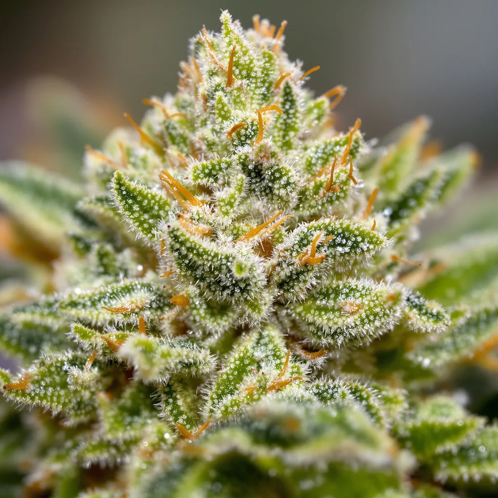 Gros plan de fleur de cannabis Cherry AK-47 montrant structure aérée vert lime