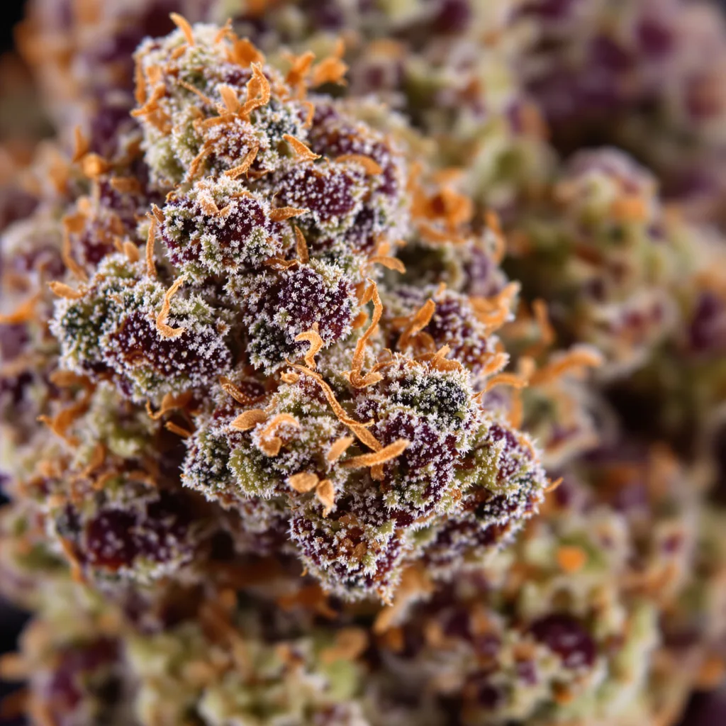 Gros plan de fleur de cannabis Cherry Bomb montrant calices denses aux reflets violets
