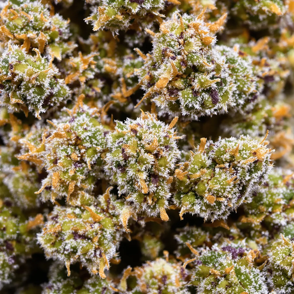 Gros plan de fleur de cannabis Cherry Chem montrant structure équilibrée avec trichomes givrés