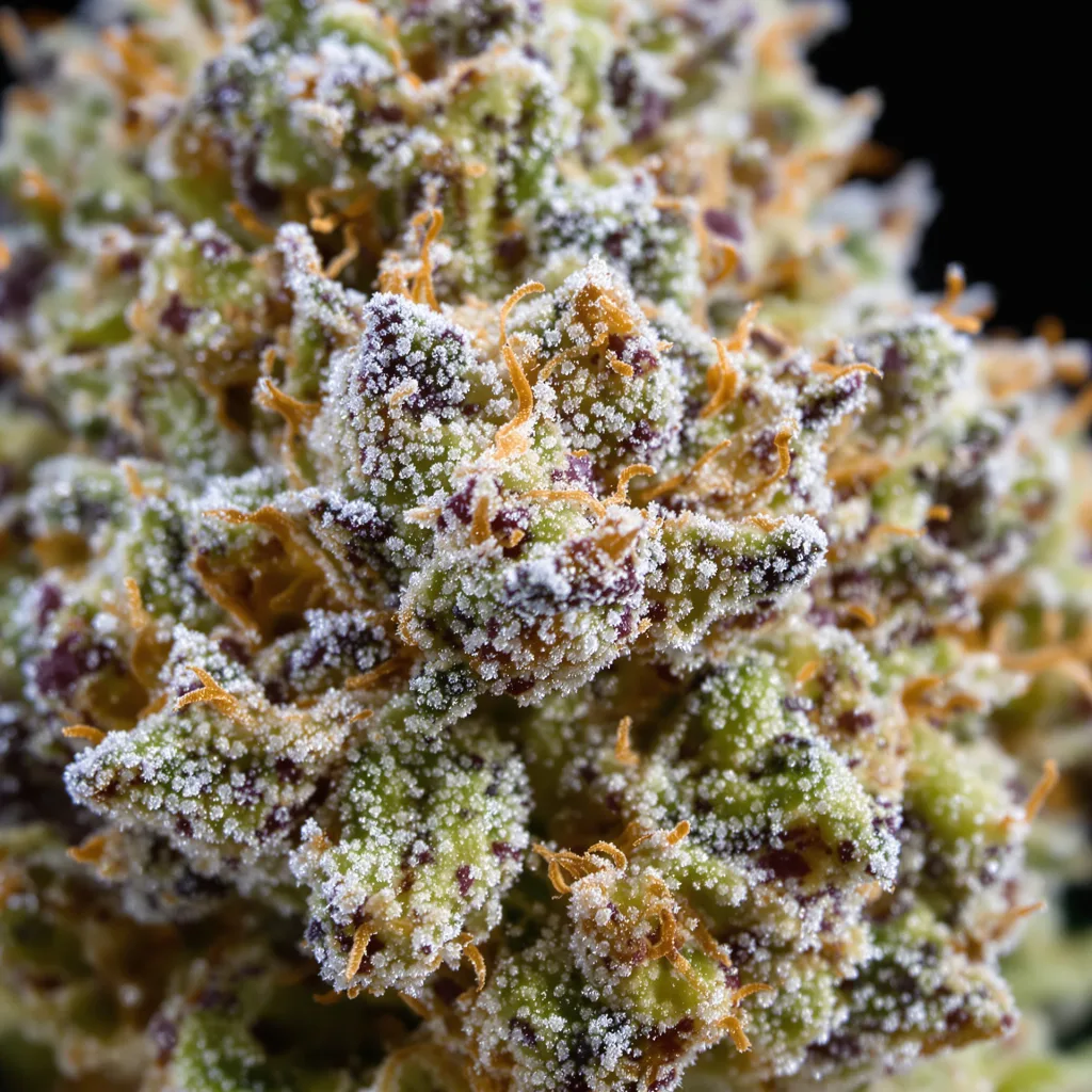 Gros plan de fleur de cannabis Cherry Diesel montrant structure équilibrée avec trichomes givrés
